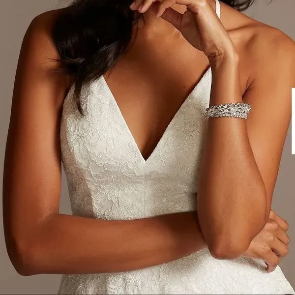 Emerald Sunday Glitter Lace Layered Hem Zippered Racerback Wedding Dress - Picture 4 of 10